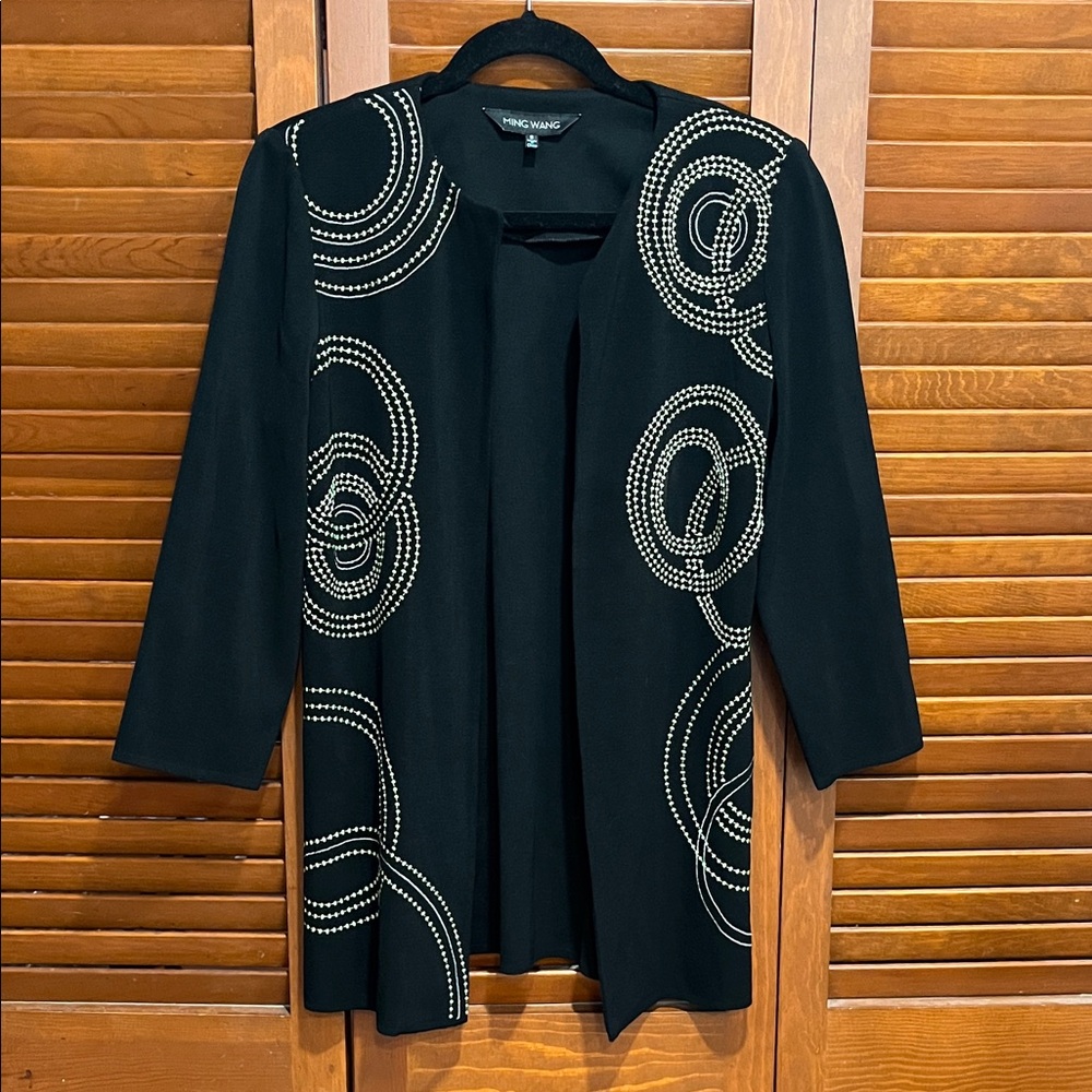 Ming Wang Black Knit Top with lime green and white design